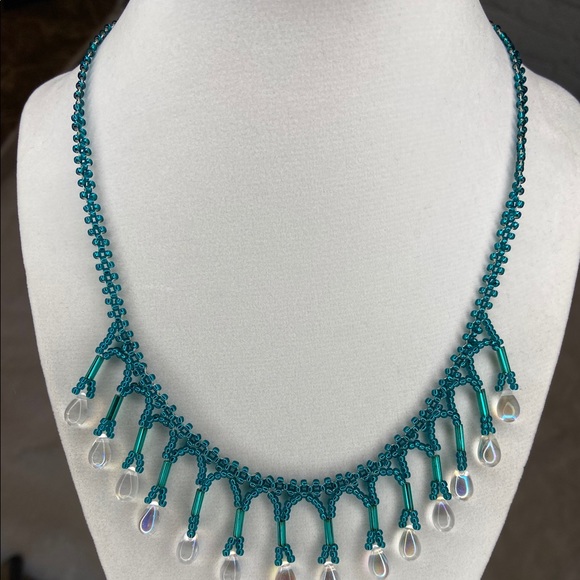 HANDMADE Beaded Teal Drop Stone Statement Necklace - Picture 2 of 6